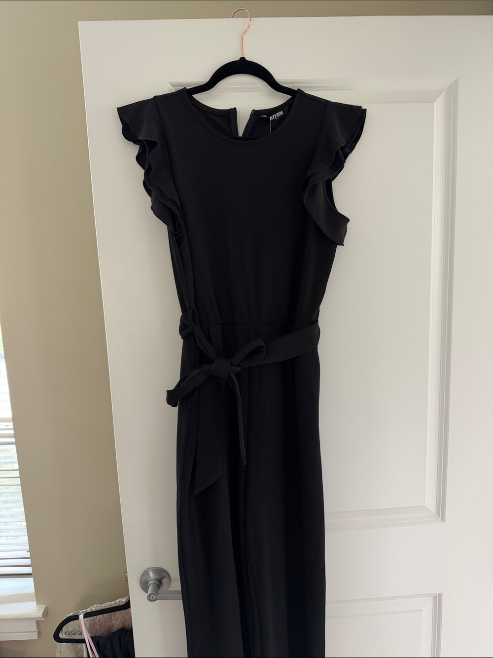 Black Ruffle Sleeve Jumpsuit with Waist Tie